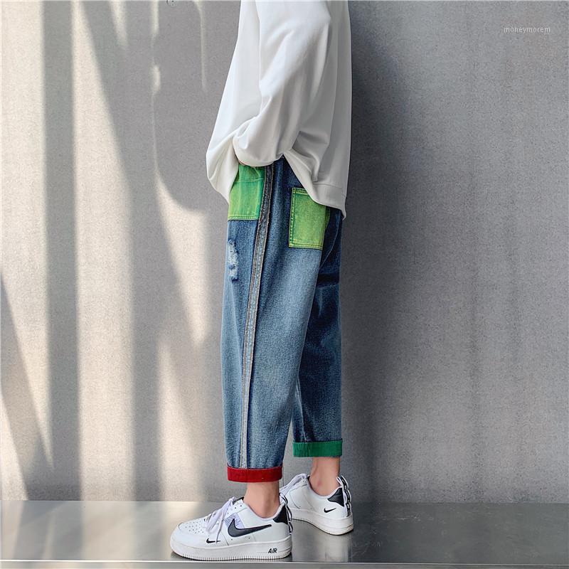 

2020 Japanese loose jeans fashion brand summer hole ankle-length pants fashion Korean versatile boys ins pants1, Blue