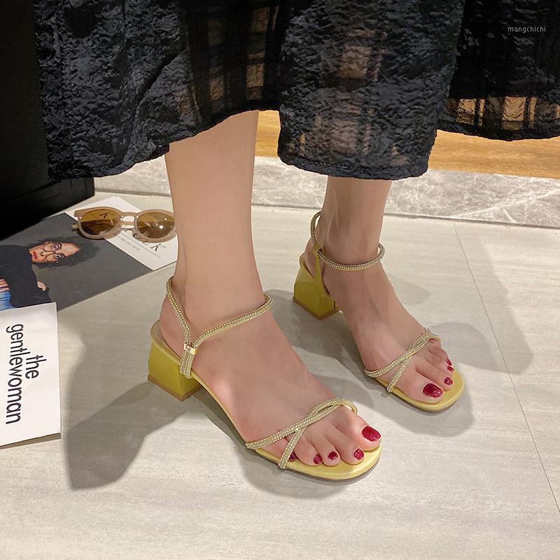 

Shiny Crystal Narrow Band Square Heel Yellow Sandals Women Thick Heel Slip-ob Sandals Women Summer Fashion Open Toe High Heels1, Black