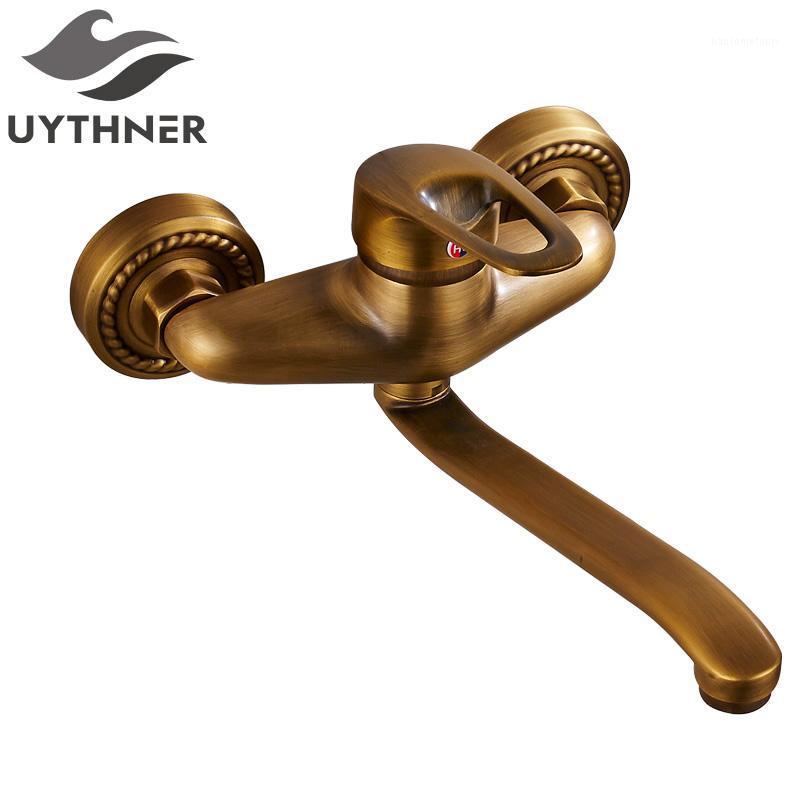 

Uythner New Style Free Shipping Antique Brass Bathroom Basin Faucet w/ Long Spour Mixer Tap Dual Handle Wall Mounted1