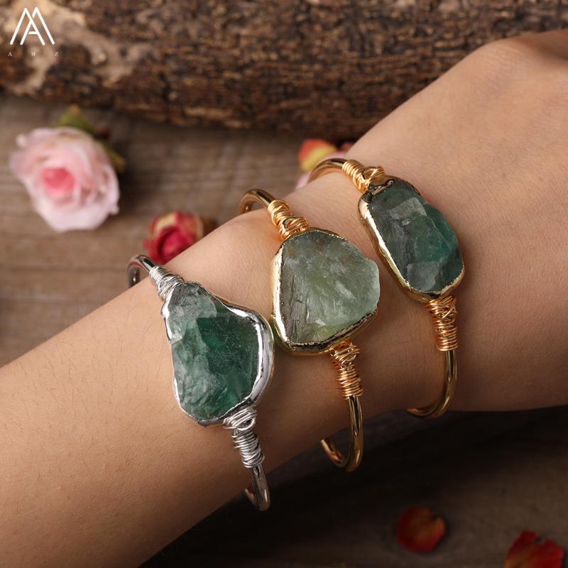 

Gold Silvery Copper Wire Wrapped Natural Green Fluorite Stone Irregular Beads Open Bracelet For Women Boho Jewelry