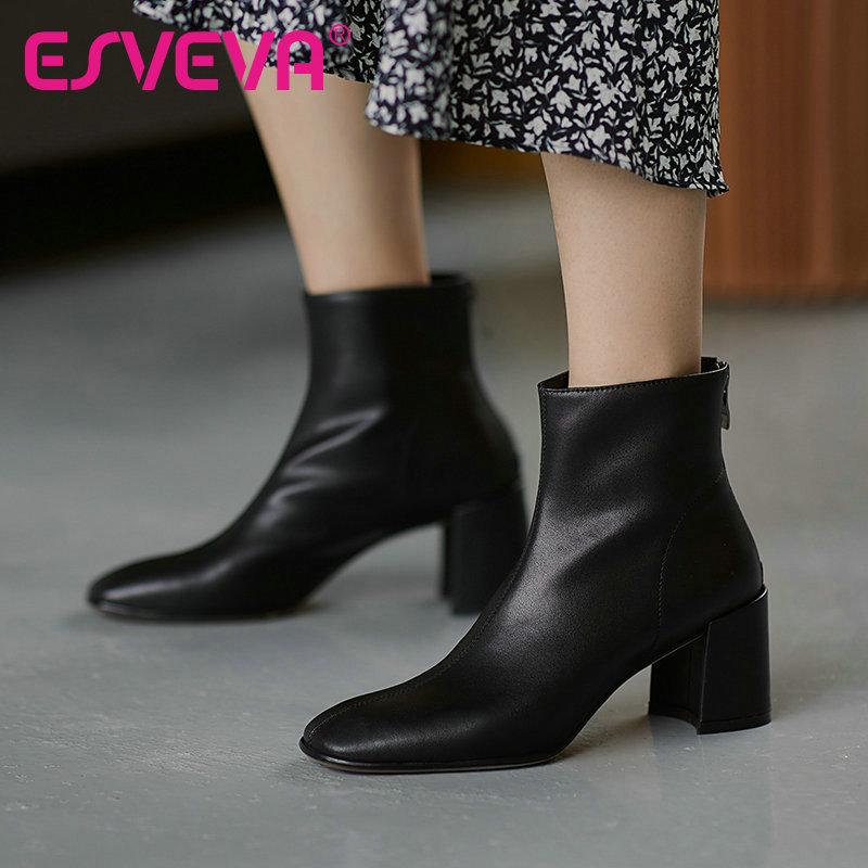 

ESVEVA 2021 Round Toe Fashion Ankle Boots Women Boots Winter Cow Leather High Heel Women Shoes Zipper Size 34-39, Black-short plush