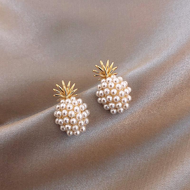 

2020 New Pearl Geometric Pineapple Stud Earrings Boho Gold Korean Fashion Women's Earrings Cute Small Designer Female Jewelry