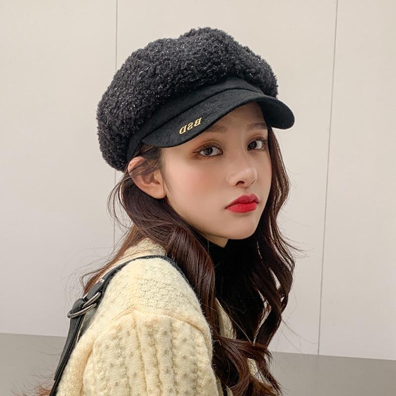 

Stingy Brim Hats Autumn And Winter Lamb Wool Letter Octagonal Hat Korean Fashion Bright Silk Beret Simple Versatile Literary Style, Black