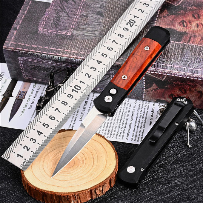 

1Pcs Top Quality AUTO Tactical Folding Knife 154CM Satin Blade 6061-T / Rosewood Handle EDC Pocket Knives With Retail Box