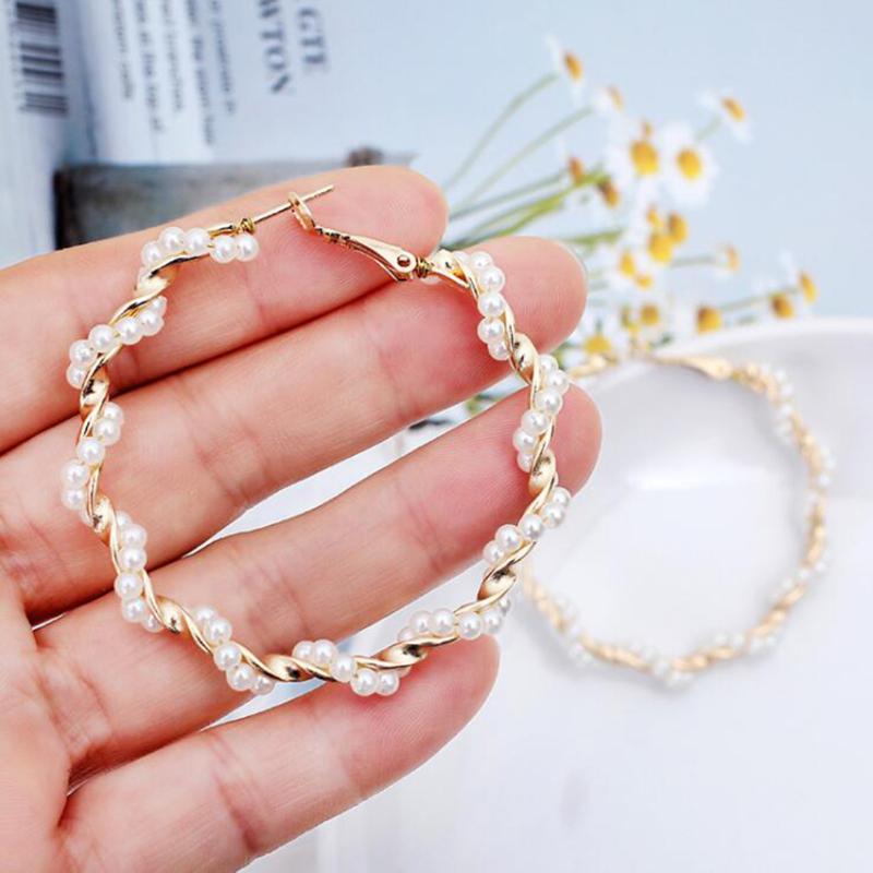 

Earrings Simple Plain Gold Color Metal Pearl Hoop Earrings Fashion Big Circle Hoops Statement for Women Party Jewelry