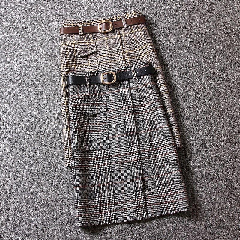 

Retro Woolen Tartan Skirt Women' 2020 Autumn and Winter Fashion Long Skirt Woman Skirts Mujer Faldas Saias Mulher, Gray