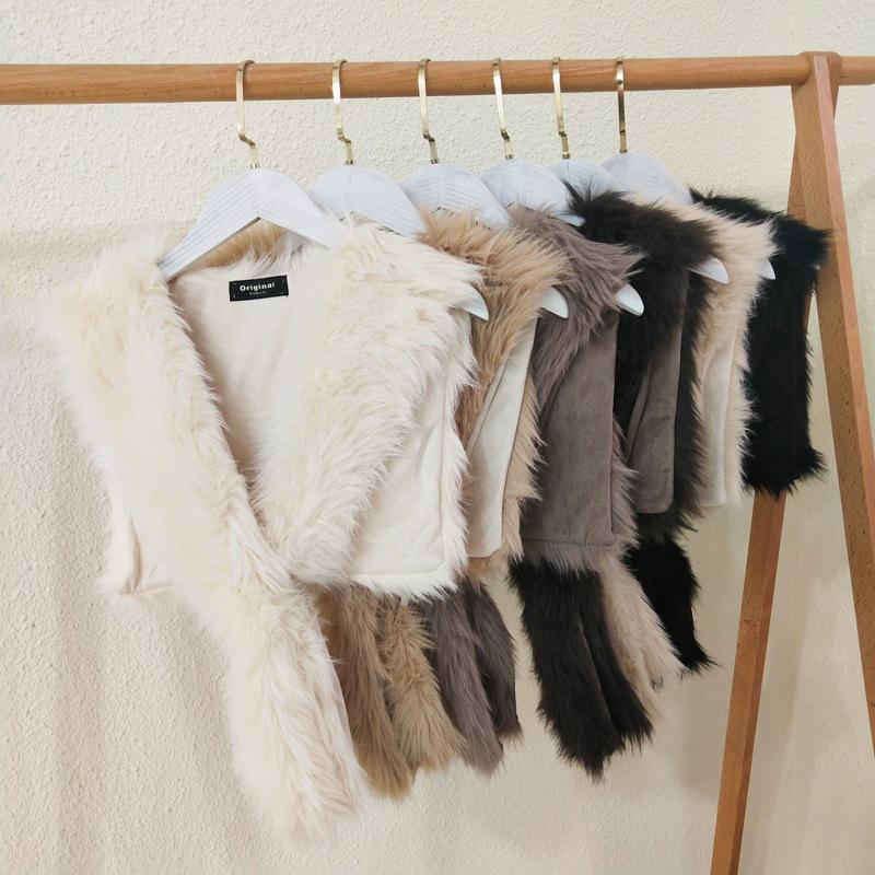 

Women Autumn and Winter Scarf Shawl All-Matching Fake Collar Solid Color Cross Warm Plush Faux Fur Scarf