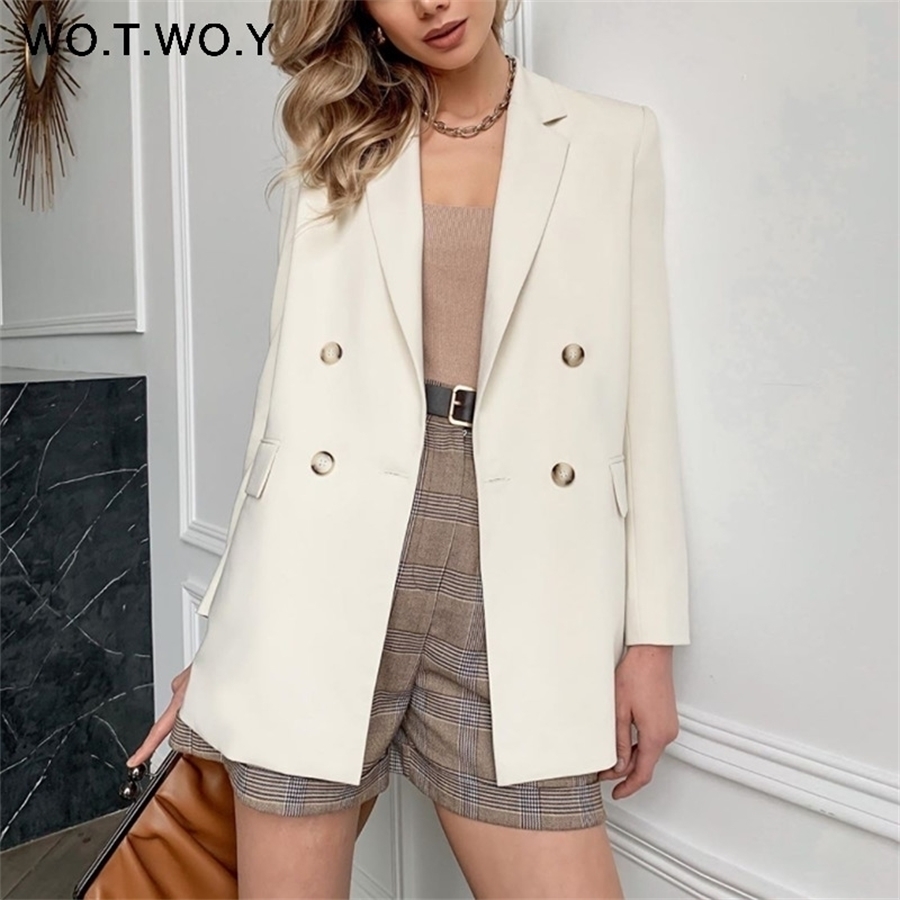 

WOTWOY Office Lady White Blazers Women Autumn Winter Long Sleeve Coats Female Single Button Solid Jacket Woman Pockets New 201023, Wc20129white