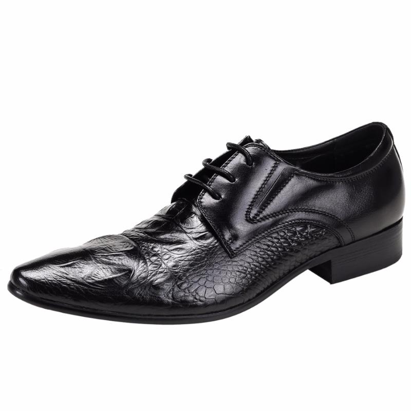 

High-End Large Size Men Crocodile Pattern Genuine Leather Dress Shoes British Man Fashion Party Office Pointed Toe Oxfords Shoes, Black