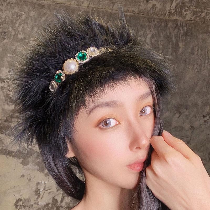 

Handmade Luxury Rhinestone Pearl Hairband Women Luxury Fluffy Fur Vintage Headband Lady Party Black Champagne Hair Accessories