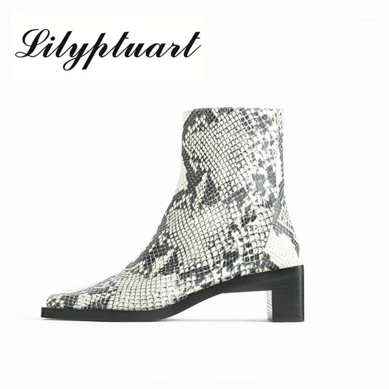 

European and American style square toe fashion short boots thick heel mid-heel zipper snake print women's shoes ankle boots1, Black