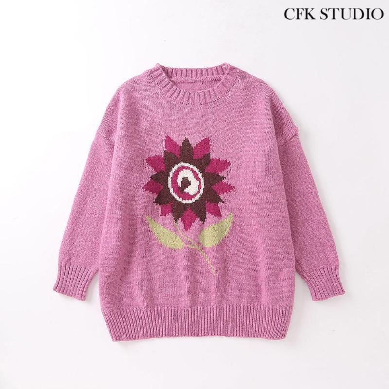 

Women Sweater with Floral Print Long Sleeve Knitted Pink Top, Blue