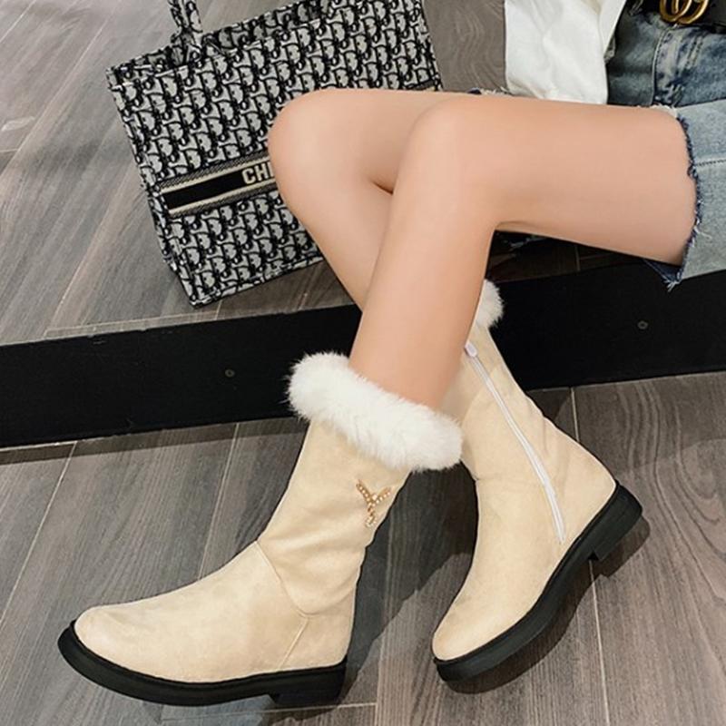 

Round Toe Low Chunky Heel Soft Breathable Plush Lining Snow Boots Side Zip Winter Med Calf Boots Warm Fur Customized Big Size 46, Beige