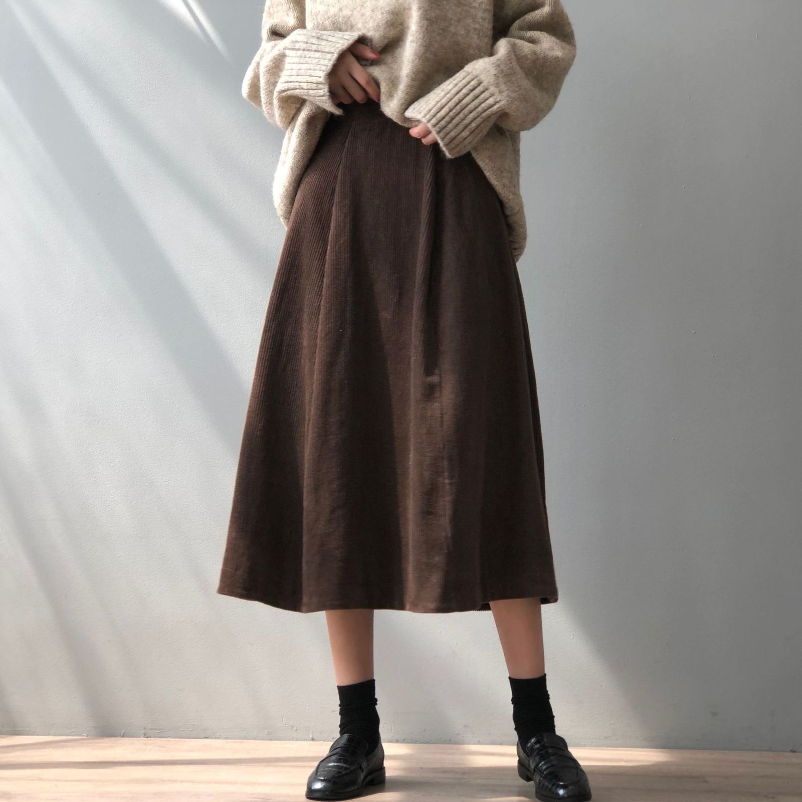 

2021 New High Waist Pure Color Autumn A-line Corduroy Thick Long Chic Women Casual Skirt Faldas Jupe Femme Saia Jdqz, Black
