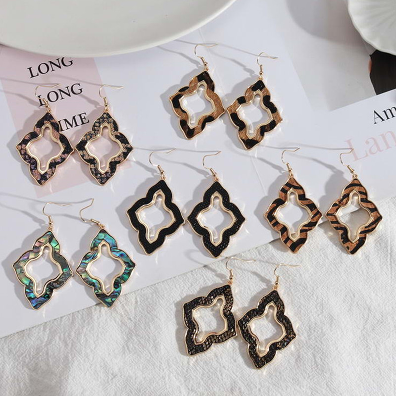 

Trendy New Design Women Quatrefoil Cross Flower Geometric Statement Earrings in 14K Gold Plated Tone Abalone Cork Leather Dangle Earrings, Silver
