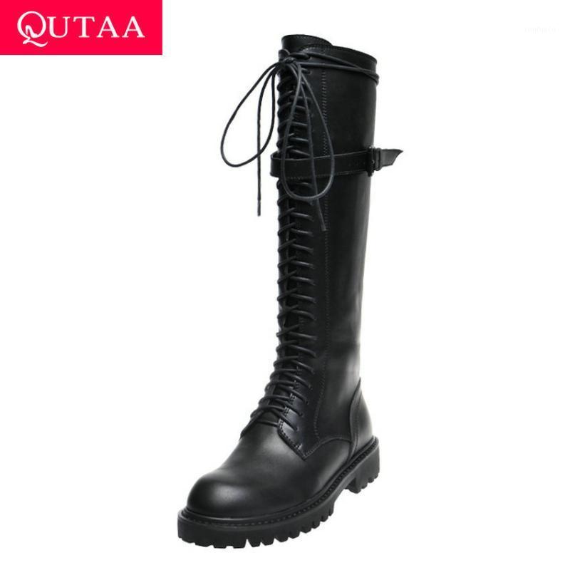 

QUTAA 2020 Cow Leather Patent Leather Lace Up Zipper Knee High Boots Fashion Square Heel Round Toe Antiskid Women Shoe Size34-401, Black-cow leather