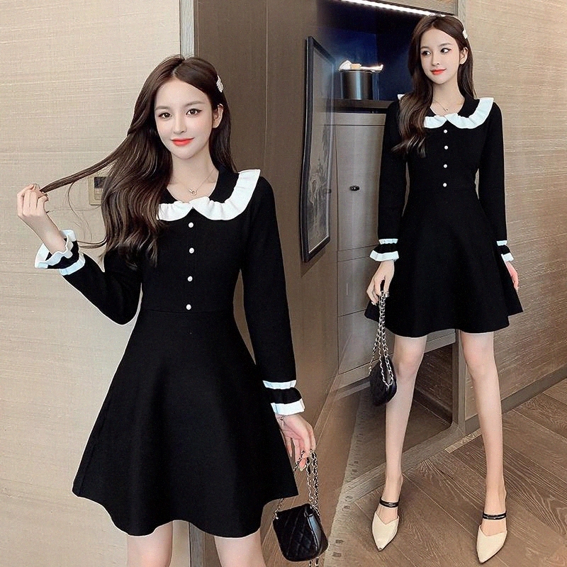 

Black lotus leaf collar knitted dress female autumn and winter waist was thinner mid-length sweater sweet super fairy base skirt #Ec5E, Black;gray
