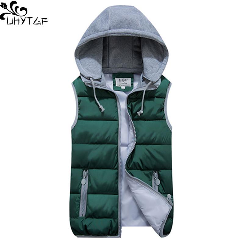 

UHYTGF Harajuku Plus size Down Cotton Women's Vest Autumn 2020 Short Sleeveless Hooded Warm Vest Fashion Wild Student Female 437, Black