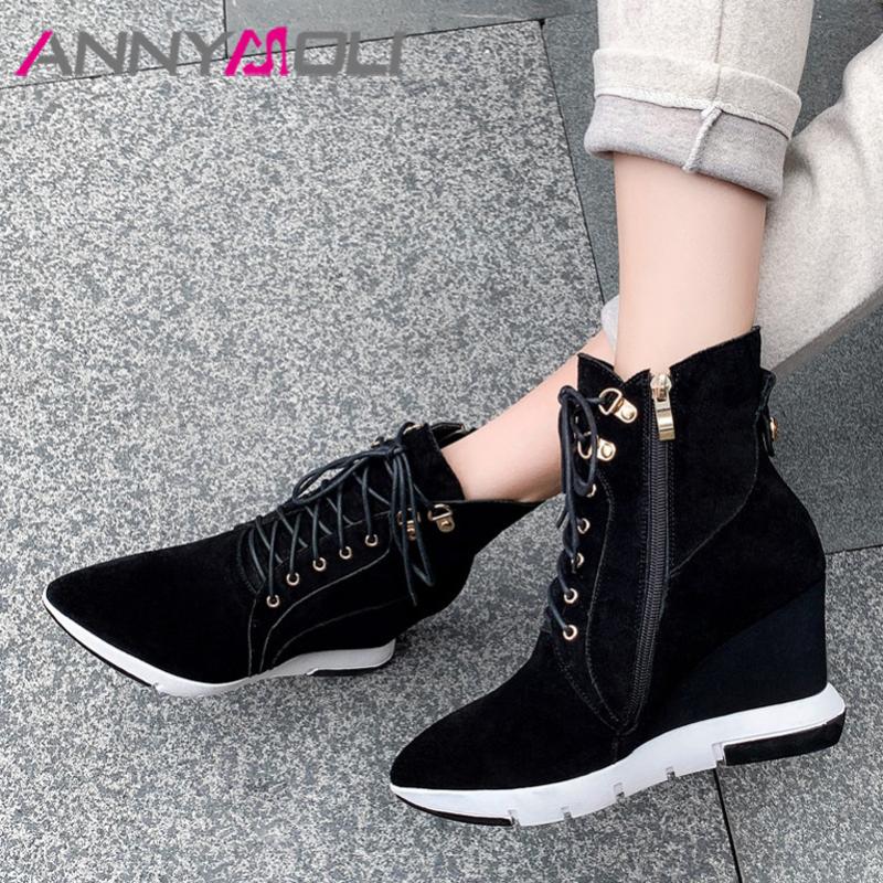 

ANNYMOLI Women Boots Autumn Ankle Boots Cow Suede Zipper Wedges Heel Short Lace Up Super High Heel Shoes Ladies Size 34-39, Black