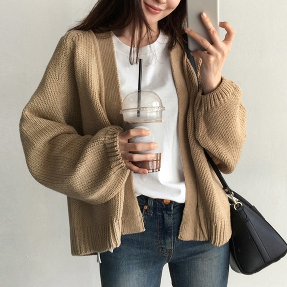 

2021 New Korean Women Knitted Tops 2 Colors Simple Long Sleeve Sweater Cardigan Fashion Japan Style Black Jumpers Lady TEX7, Khaki