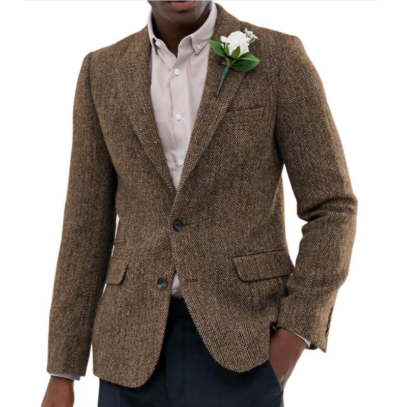 

Formal Men's Wool Brown Suits Bussiness Jacket Prom Green Tuxedos One Piece Herringbone Patterned Blazer for Wedding Groomsmen, Blue