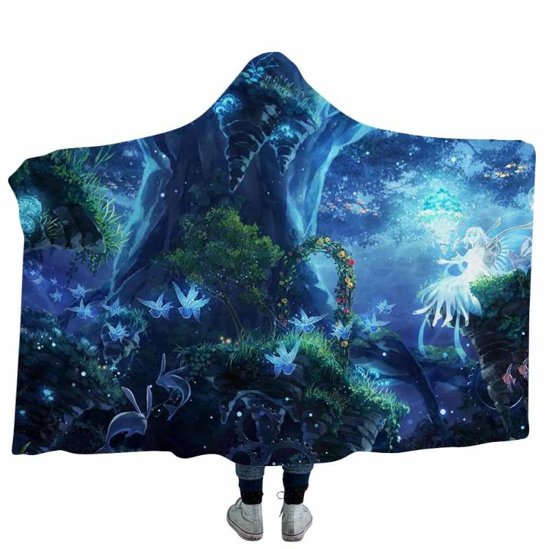

Starry sky Fantastic Forest Hooded Blanket Coral Fleece Hoodie Blankets For Kids Adults Sofa Tv Throw Blanket Beddin