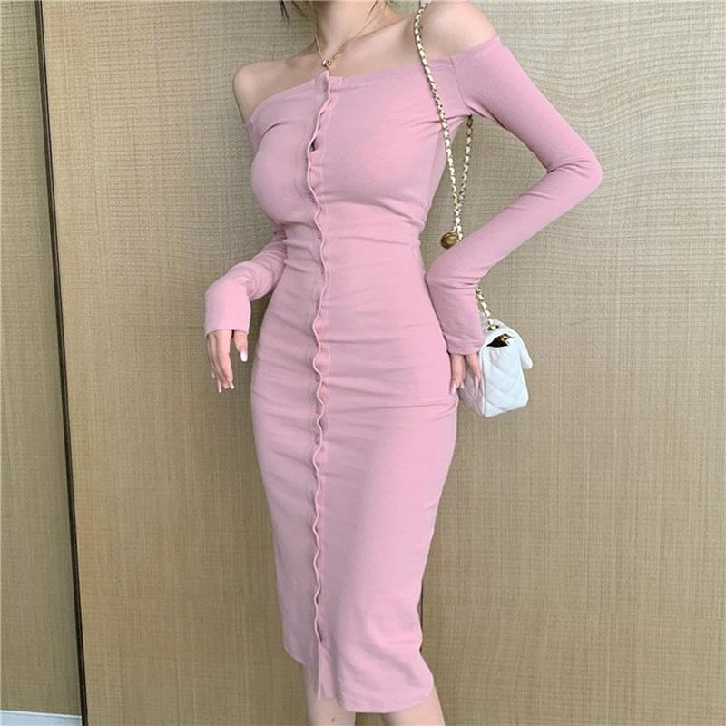 

Europe Strapless dress bodycon hip sexy midi dress long sleeves slim single-breasted spring and autumn TXNZ, Black