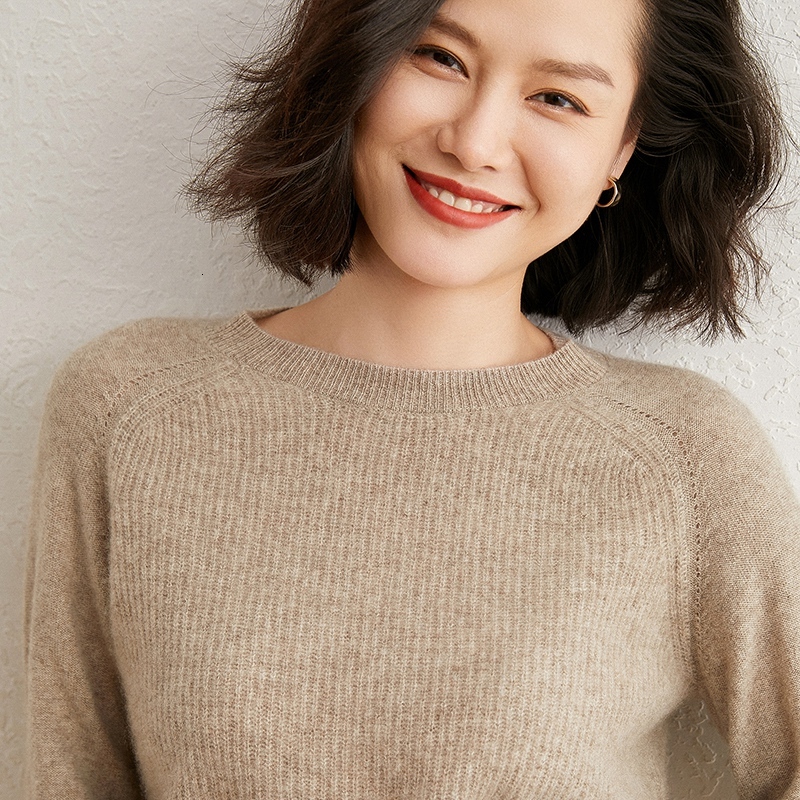 

2021 New 100% Pure Goat Cashmere Knitted Pullovers Ladies Top Grade Soft Warm Sweaters Woman O-neck 3colors Long Sleeve Clothes 054k, Camel