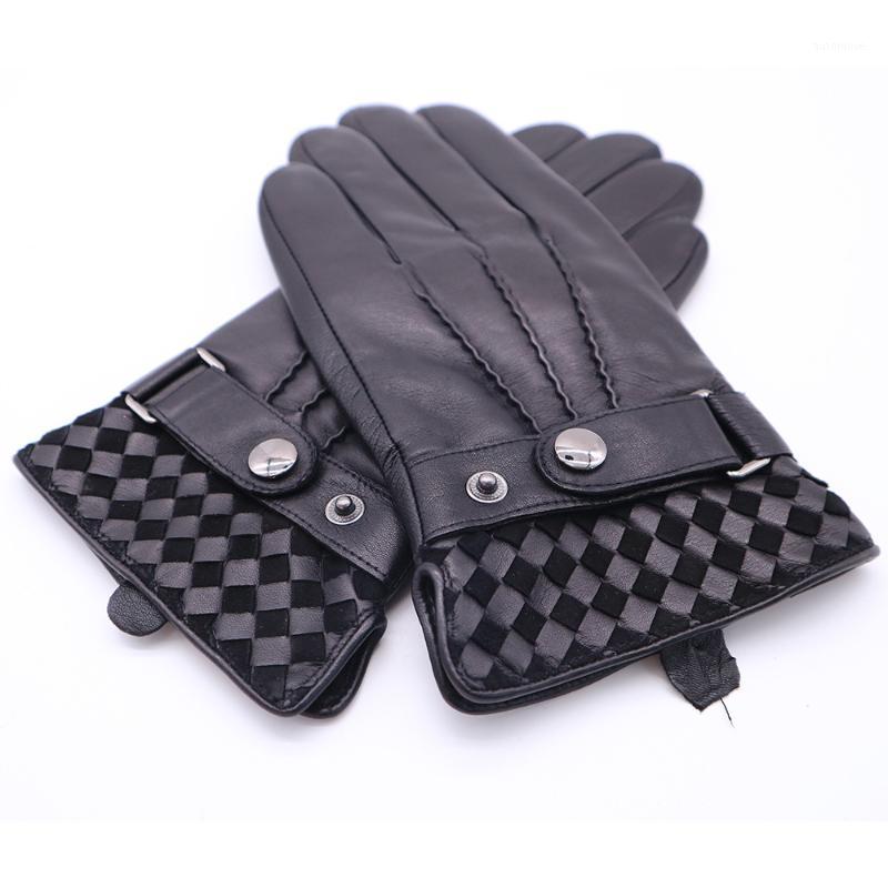 

2018 Men's Winter Gloves Genuine Leather Men Buckle Plush Warm Thermal Gloves Touch Screen Driving Black Mittens AGB6701