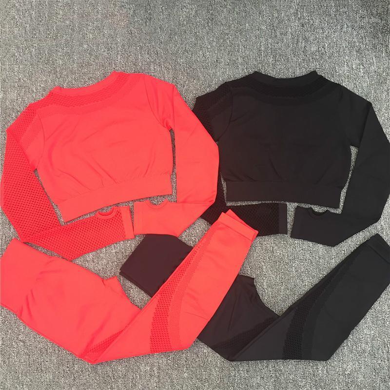 

2 teile/satz Nahtlose Frauen Sport Anzug Gym Workout Kleidung Langarm Fitness Crop Top Und Scrunch BuLeggings Yoga Set1, Pants black