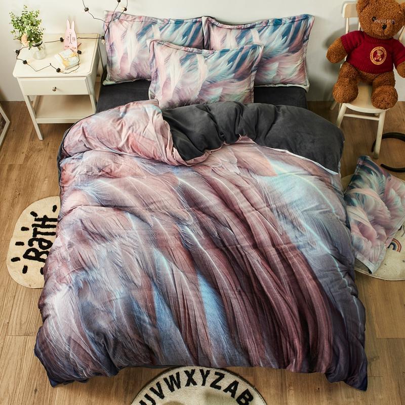 

2020 digital printing Bedding Set fleece fabric Duvet Cover Sheet Pillowcase King Queen feather pattern Bed Linen1