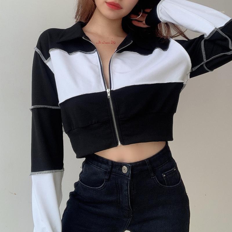 

Black White Patchwork Striped Edge Cropped Women' Autumn Short Jackets 2021 Harajuku Long Sleeve Coat Female Streetwear Outfits1, Black jacket