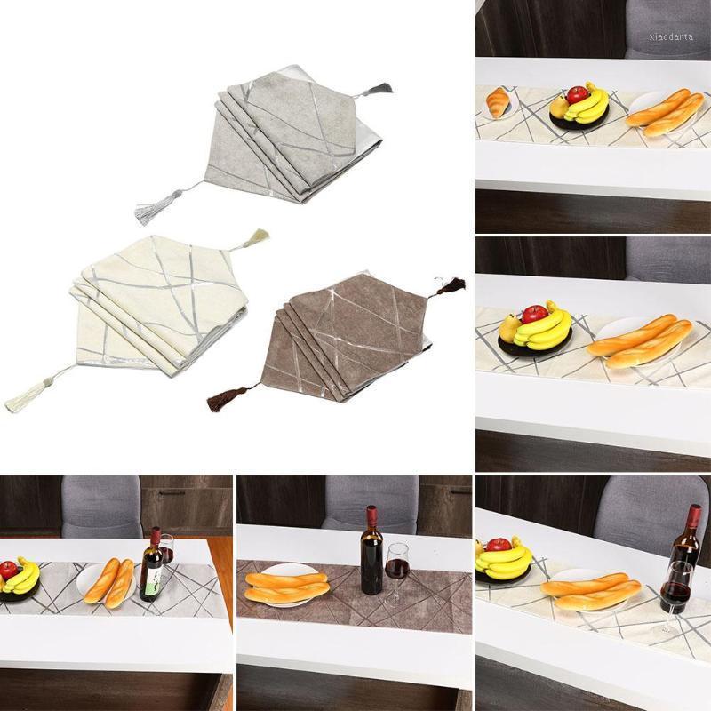 

Nordic Tassel Table Runner Linen Irregular Line Pattern Bed Flag Tablecloth1, Beige