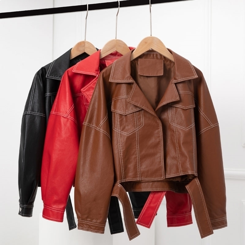

New Autumn 2021 of Women Short Outerwear Loose Leather Jacket 4PSD, Black