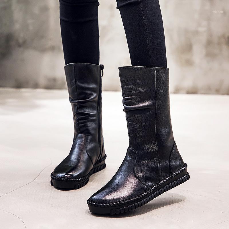 

Winter plush side zipper hand leather long leather boots large size flat-soled women's cotton shoes boots girl1, Black