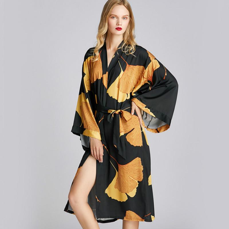 

Silk Robes for Women Nightgown Summer Print Black Sexy Bathrobe Plus Size Women Satin Dress Casual Homewear Pajamas