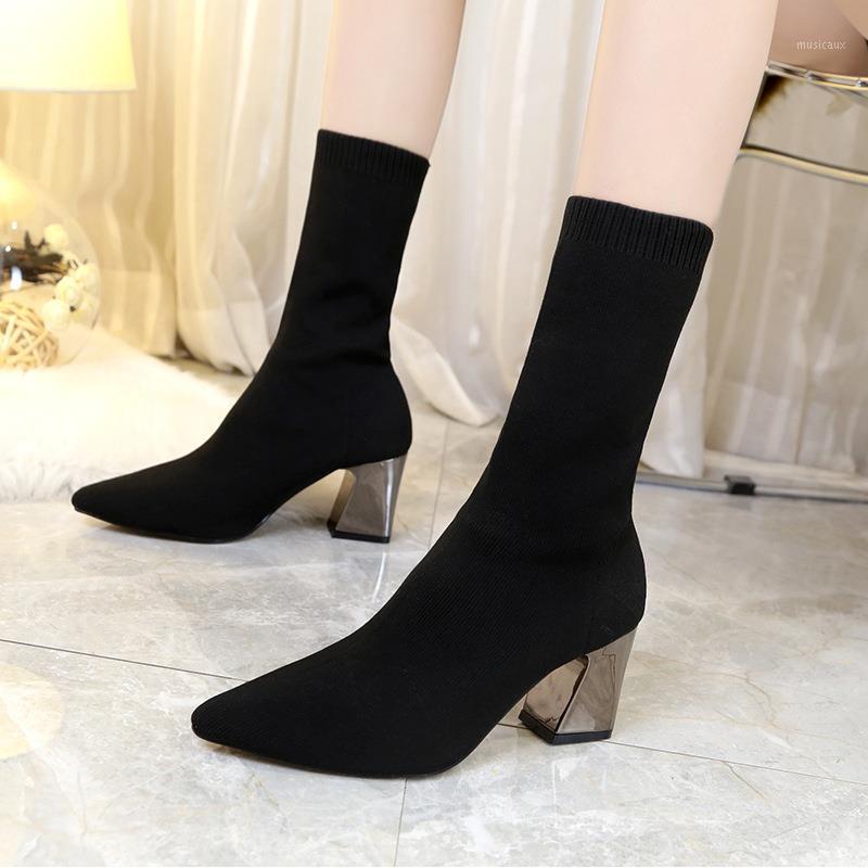 

Women Ankle Boots Stretch Knitting Sock Boots Plus Size Pointed Toe Autumn Winter High Heels Female Slip On Lady Shoes XT581, Black