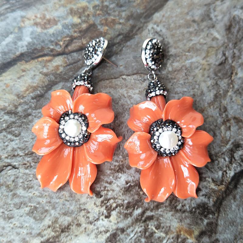 

1 Pair resin flower Cut Out Carvings Earring Pave Rhinestone pearl Drop Dangle Earrings Jewelry For Women Bohemia Earrings ER209