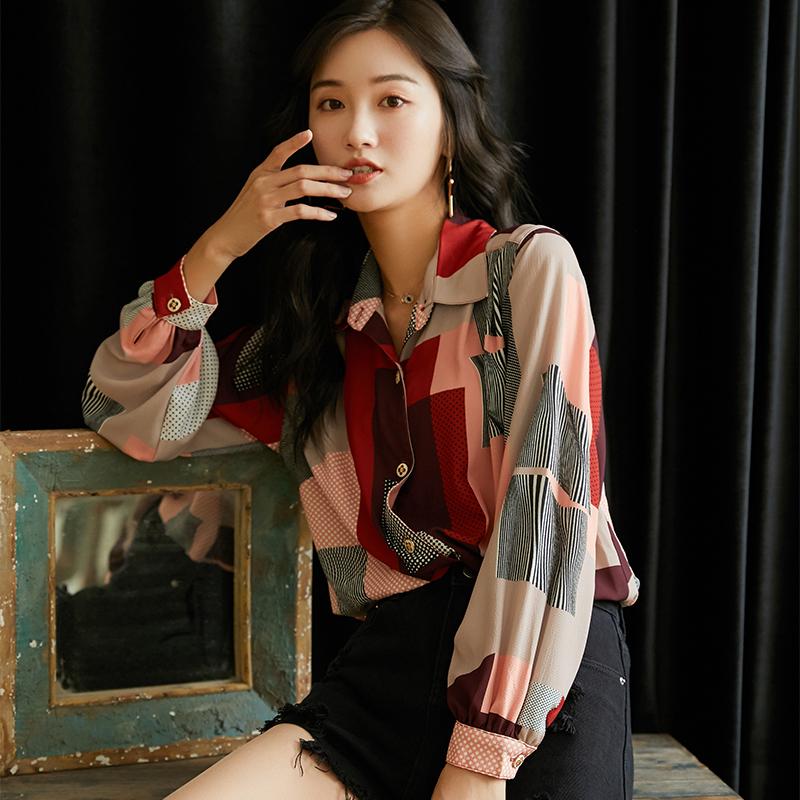 

Color Block Pink Long Sleeve Blouse Women Vintage Top Button Up Collar Shirt Ladies Top Autumn Korean Fashion Clothing V552, As pic