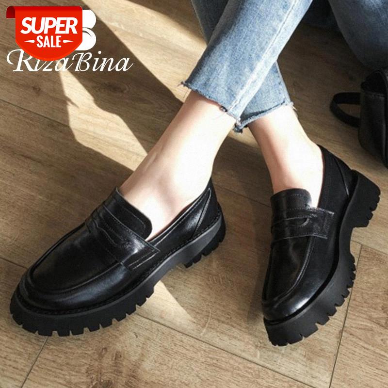 

RIZABINA New Flats Shoes Women Thick Bottom Real Leather Round Toe Shoes Women Vacation Ladies Footwear Size 34-41 #SK7T, Black