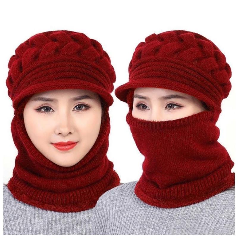

New Female Neck Warmer Autumn Winter Beanies Hats Mask Women Winter Hat Knitted Hats Scarf Set Beanie Ski Caps Woman, Khaki