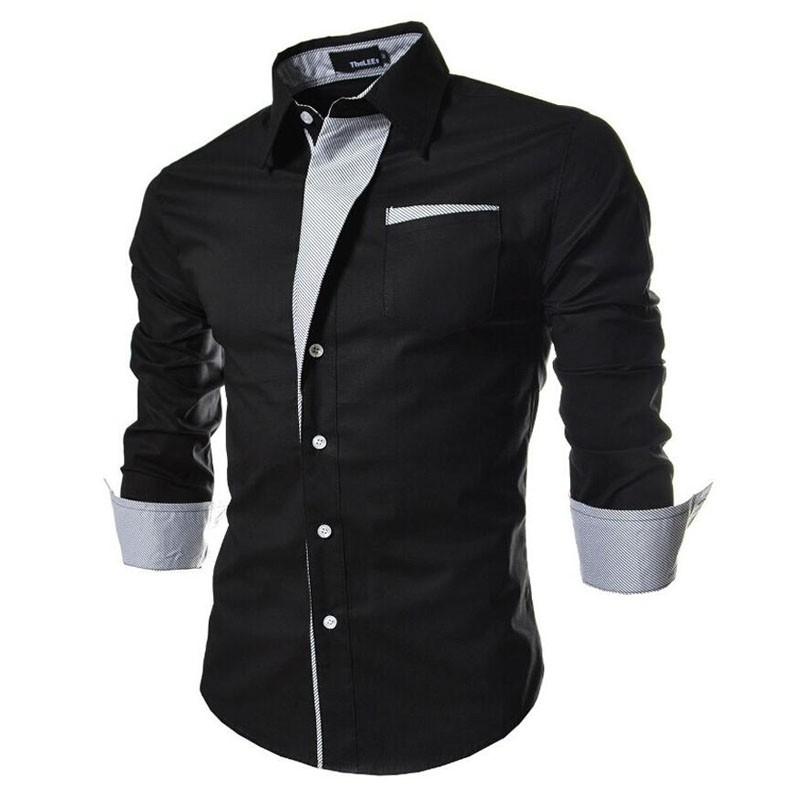 

new brand long sleeve shirts social male 5 colors slim fit striped shirts plus size 3XL mens dress, Black