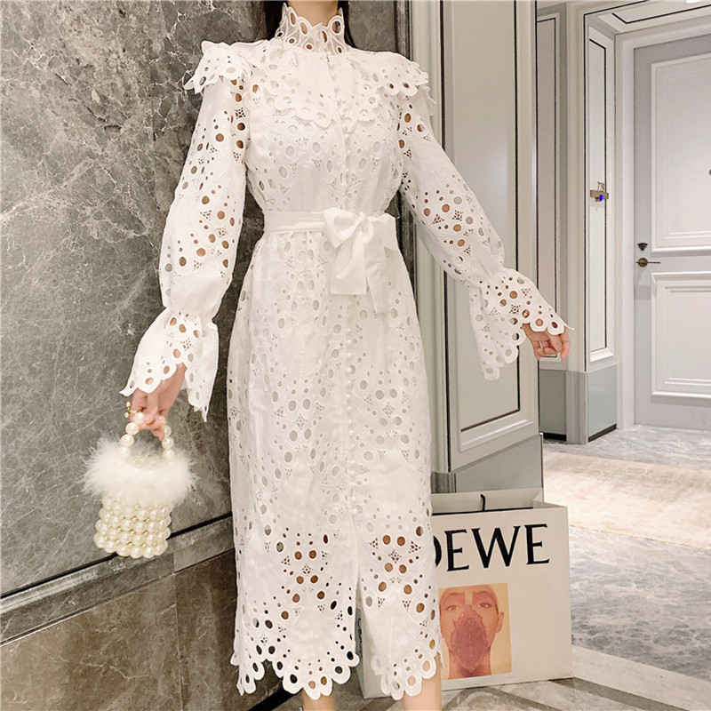

New arrival Runway Self Portrait high quality brand elegant lace Dress Women hollow out luxury flare sleeve long Dresses vestido LJ200826, As picture