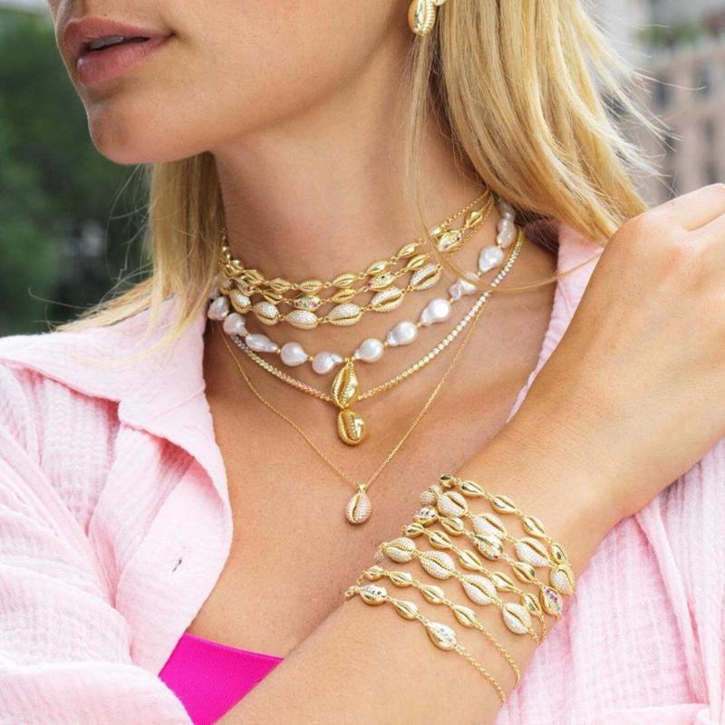 

2020 new beach jewelry Gold color sea shell 32+8cm rainbow cz charm choker necklace for women female delicate chain fashion