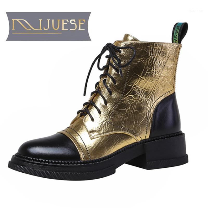 

MLJUESE 2021 women ankle boots soft Cow leather winter short plush lace up round toe high heels equestrian boots party dress1, Gold