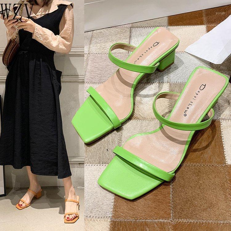 

2020 New Ladies Square Heel Slip on Shoes Summer Beach Slides Bohemian Female Dress Shoes for Women Slippers High Heel Pumps1, Beige