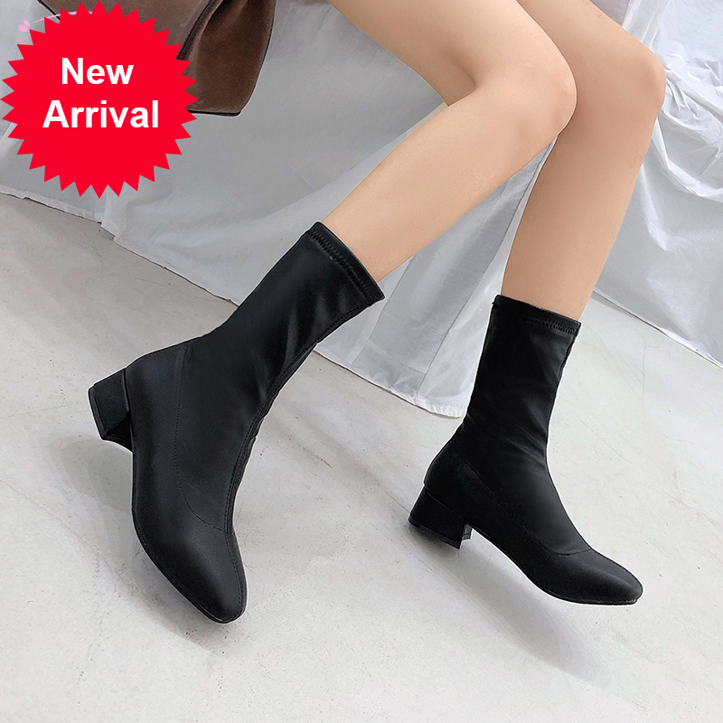 

2021 The New Comfortable Casual Style Beanstalk Toe Mid-calf Soft Fashion Slip-in-black Medium with Thick Heel Women's Riding Boots 4xfx, Black flock