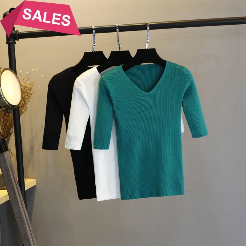 

2021 New Basic Sweater Knitted Pullover Women v Neck Soft Jumper Half Sleeve Crop Sweaters Jersey Mujer Invierno 50i3, Green v