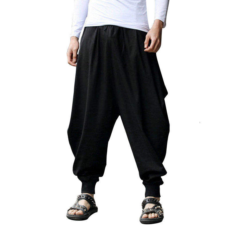 

2021 New Plus Size Cotton Linen Harem Men Baggy Japanese Style Mens Crotch Wide Leg Pants Casual Loose Trousers Zpg4, Black