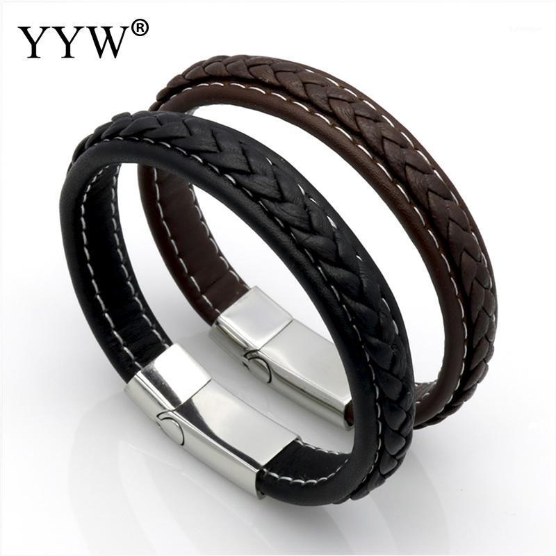 

Top Quality Genuine Leather Bracelet Men Stainless Steel Leather Braid Bracelet With Magnetic Buckle Clasp Pulseiras Masculina1